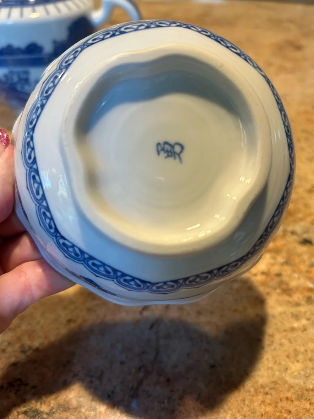 Akira Ale-Net Japanese Mino Ware Porcelain “Indigo Dye” Bowl & Saucer (2) Sets